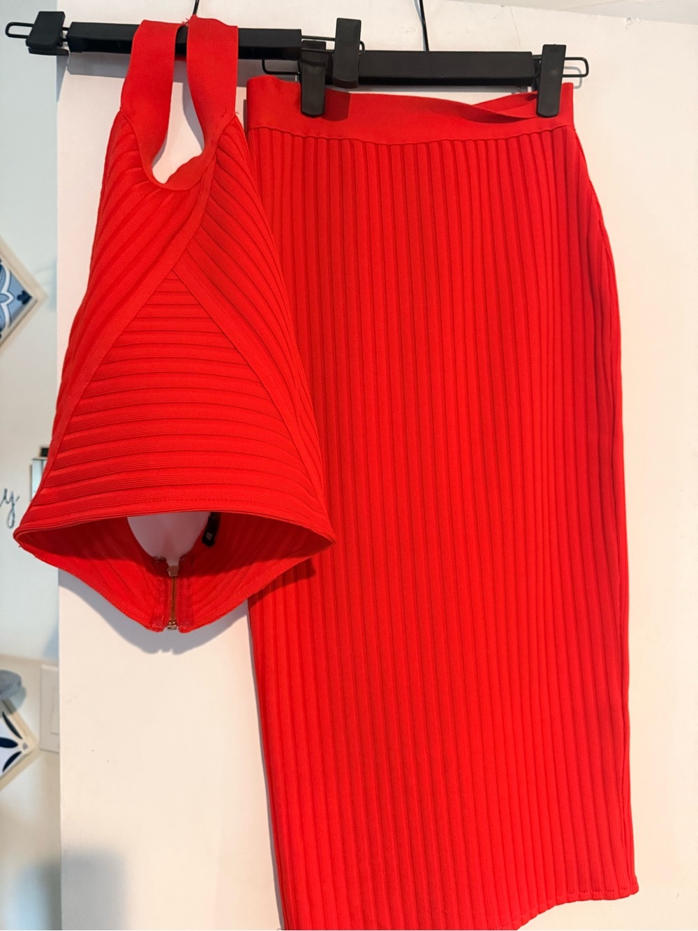 Ribbed Red Pencil Midi Skirt - Sleek Stretch Knit